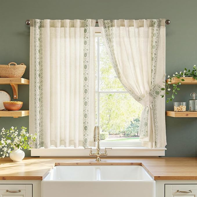jinchan Small Window Curtains 54 Inch Length Linen Cafe Curtains for Kitchen Bathroom Bordered Floral Embroidered Short Drapes Rustic Farmhouse Light Filtering Curtain Set 2 Panels Green on Beige