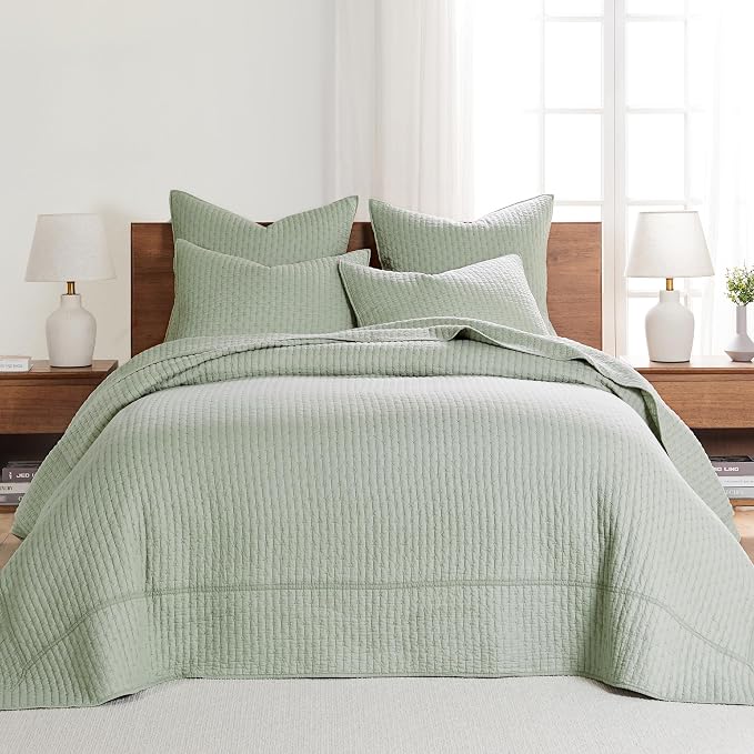 Levtex Home Cross Stitch Reversible King Bedspread Set (120x104in) with 2 Pillow Shams (36x20in) - Stitch Texture - Desert Sage - Cotton King Size Bedspread Set - Soft, Pre-Washed