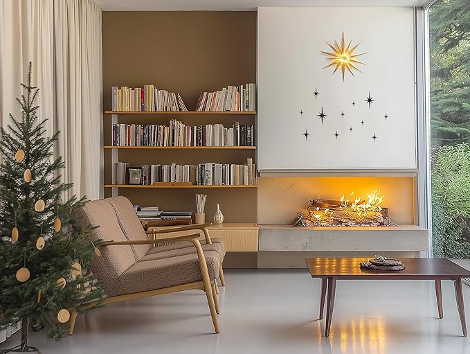 Stylor Mid Century Modern Decor, Mcm Retro 3D Star Art Wall Sculpture, Plastic Starburst Decor, Vintage Celestial Whimsigoth Home Decor Accent. (Set of 6, Black)
