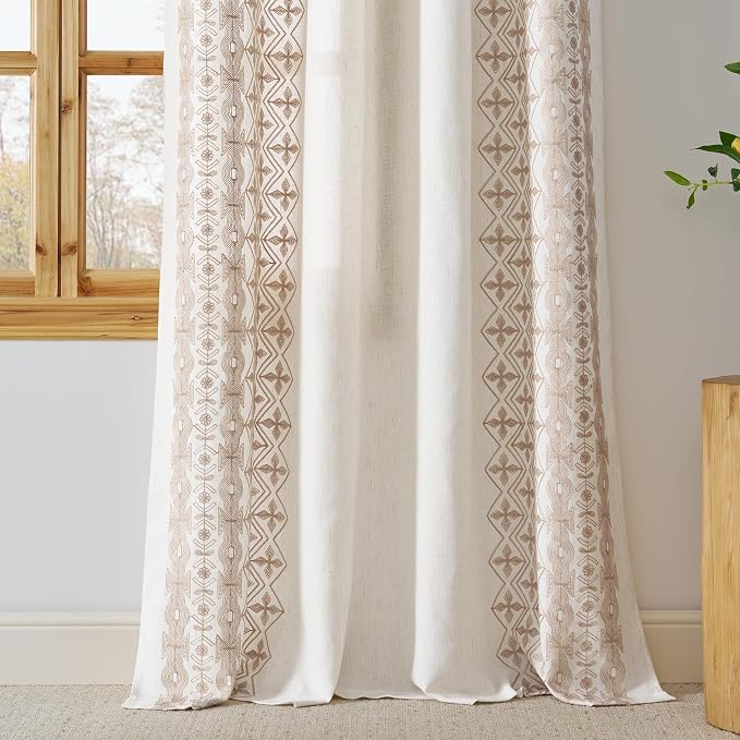NICETOWN 102" Long Thick Cream Linen Curtains Light Sand Floral Pattern - Elegant Drapes for French Sliding Door, Farmhouse Style Privacy Enhancing Floor to Ceiling Window Treatments, 52 x 102, 2 Pcs