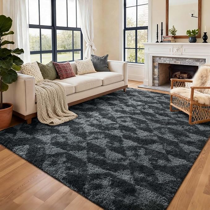 9x12 Ft Extra Large Shag Rugs for Bedroom Living Room for Men Boys, Tie Dyed Ultra Soft Fluffy Furry Area Rug for Indoor Floor, Aesthetic Carpet for Home Decor (Black Grey)