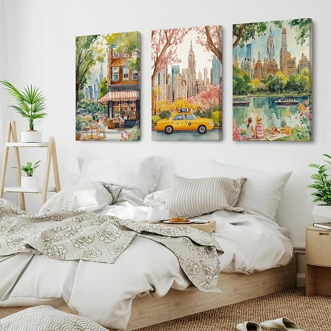 SYYANKK Watercolor New York City Wall Art NYC Canvas Wall Decor NYC Painting New York Landmarks Poster Travel Wall Art Central Park Artwork for Bedroom Living Room 16x24x3 Inch Ready to Hang