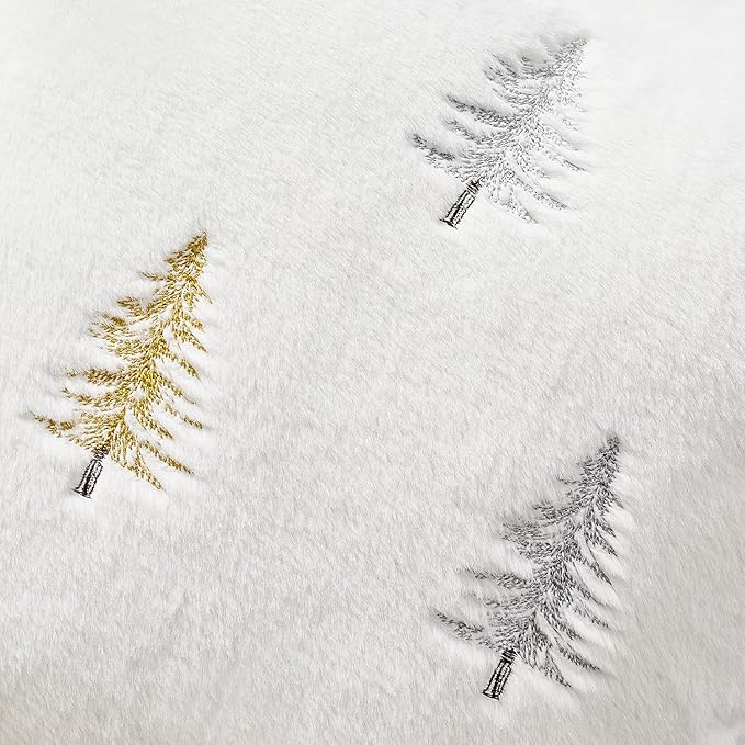 MIULEE Christmas Decorative Pillow Covers Set of 2 Faux Fur Throw Pillows with Embroidered Christmas Tree 18x18 Inch White Gold Winter Couch Covers for Festival Sofa Bedroom Living Room Home Decor