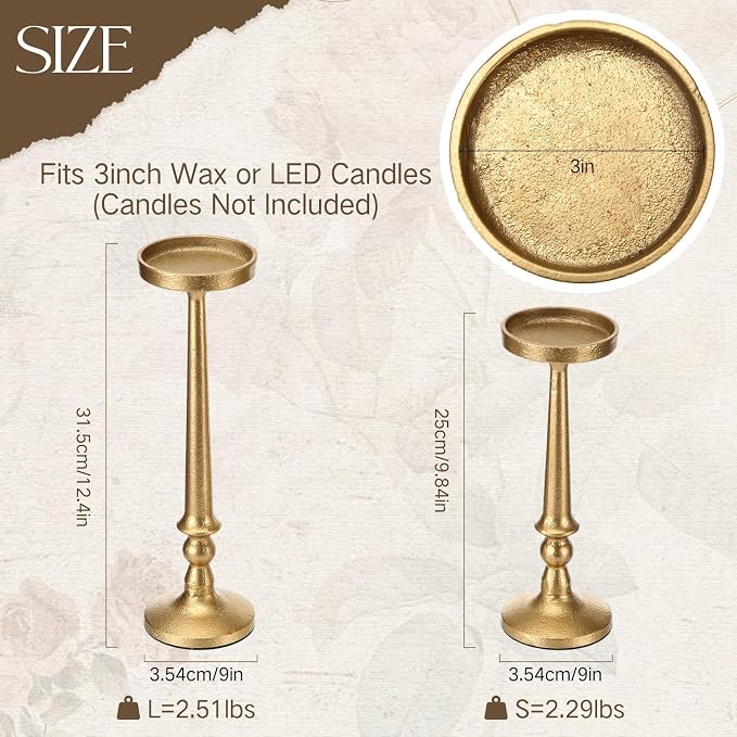 Set of 2 Gold Antique Brass Candlestick Holder Vintage Cast Iron Tall Candle Stand for 3 Inch Pillars Heavy Metal Candle Stand for Party Table Decor