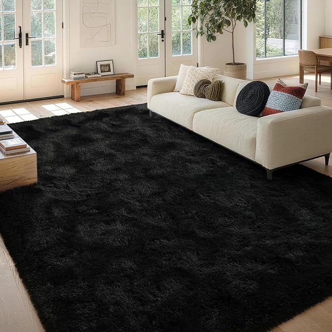 FinRèc 9x12 Feet Black Rugs for Living Room Bedroom, Fluffy Shaggy Area Rug, Non-Slip Soft Shag Rug for Nursery Kids Room Dorm Room Home Decor, Indoor Plush Floor Carpet