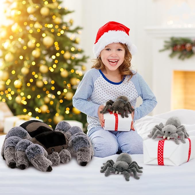 MorisMos 4Pcs Large Spider Plush, 16inch Mommy Spider Stuffed Animals with 3 Babies, Realistic Plush Toys, Soft Cuddly for Kids Boys Girls