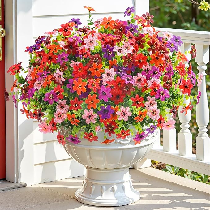 SHareconn 24 Bundles Artificial Flowers for Outdoor Spring Decorations, Realistic Fake Silk Plants UV-Resistant for Outdoor Planters,RedBrownPurpleDeepPurpleOrangePink