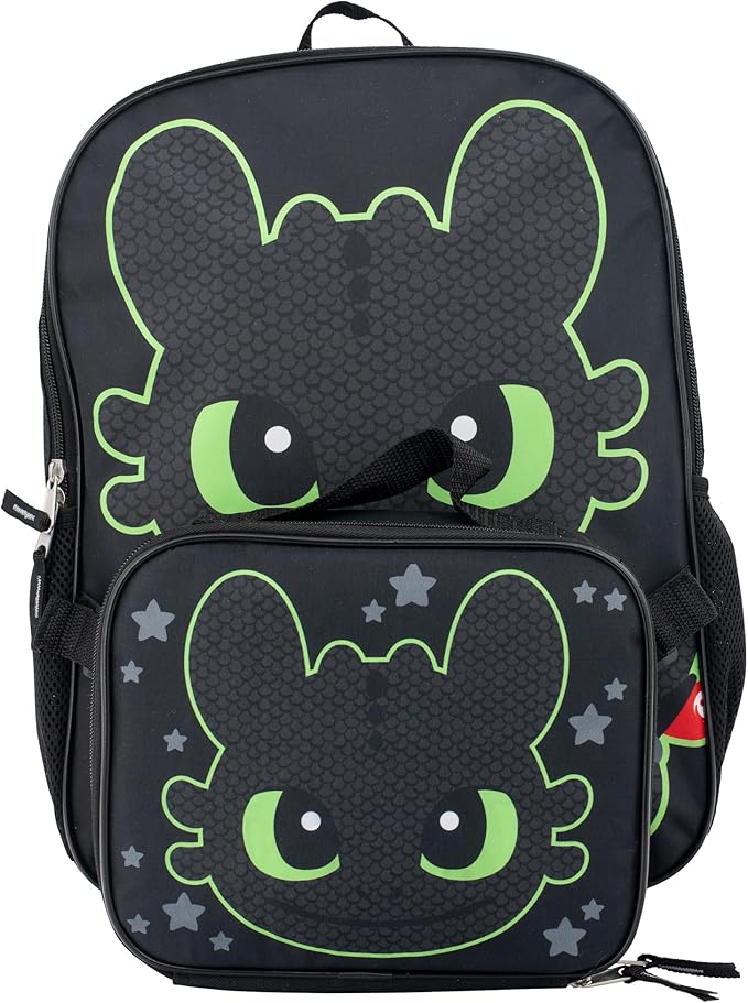 AI ACCESSORY INNOVATIONS How to Train Your Dragon Toothless Backpack and Lunch Box Set, 16 inch School Bag, Black