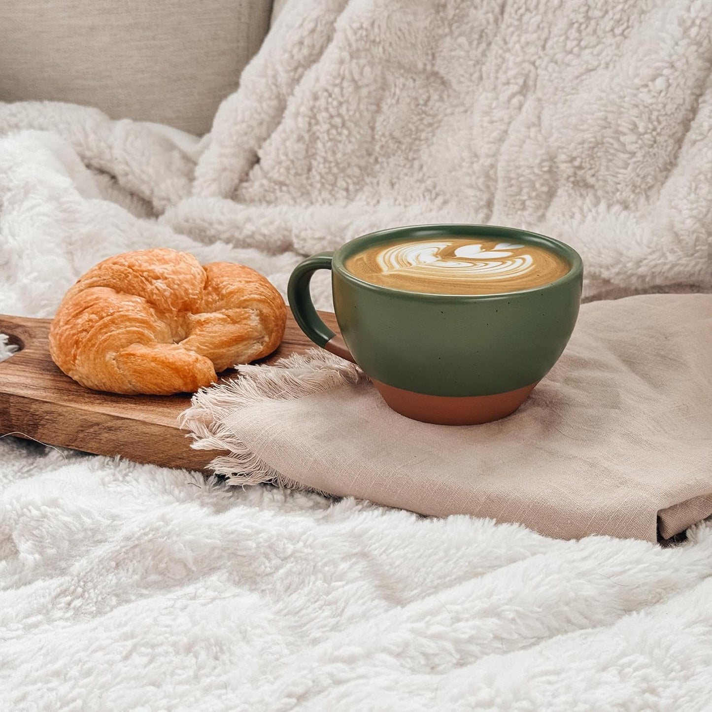 Mora Ceramic Latte Art Mug With Saucer - 10.5 oz, Round Bottom For Perfect Pours - Cafe Cups for Cappuccino, Espresso, Coffee, Tea etc - Porcelain Set for Baristas, Great Gift - Moss Green