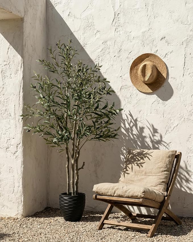 KOL 6ft Artificial Olive Tree Indoor, Tall Faux Olive Trees, Fake Olive Tree Floor Plant for Home Office Living Room Decor with Matte Black Pot
