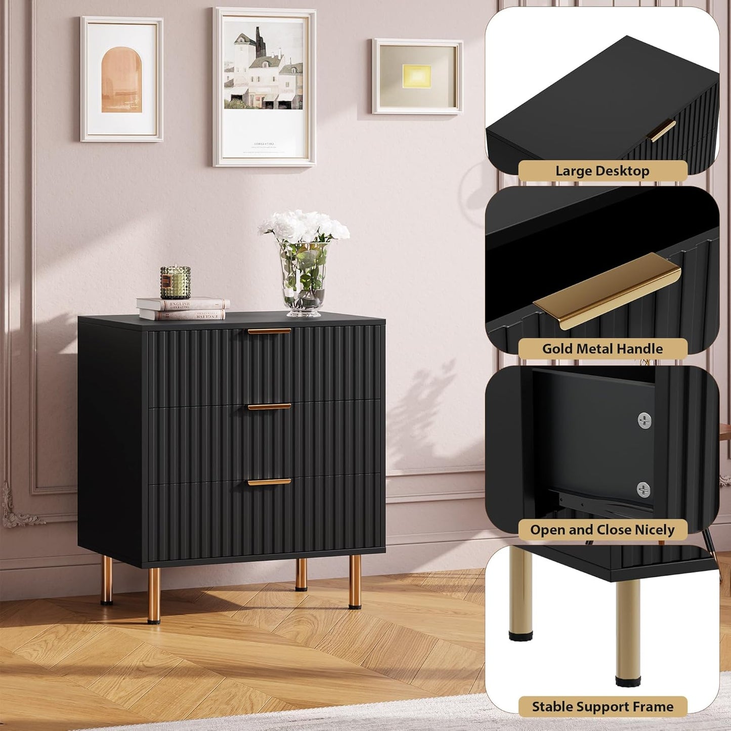 3 Drawer Dresser for Bedroom, Fluted Modern Nightstand with Deep Drawers, Chest of Drawers with Wide Top, Wooden Dresser Organizer, Side Table for Living Room, Hallway, Kids Room, Black