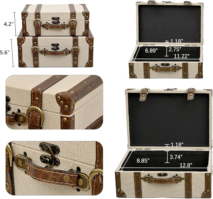 DECOR4SEASON Rustic Linen Decorative Storage Trunk Set, Vintage Canvas Fabric Nested Treasure Chests with Brown PU Leather Trim and Brass Accents, Set of 2 Faux Suitcase Home Decor Boxes
