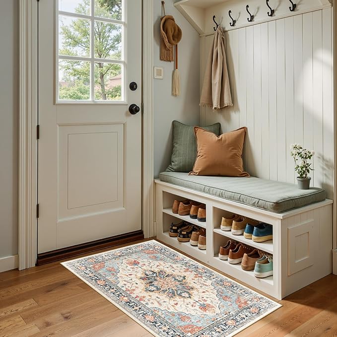RELEANY Area Rugs 2'x4' Kitchen Rugs Entry Rug Small Rugs for Entryway Kitchen Bathroom Door Mat Indoor Entrance,Washable Non Slip, Beige Navy Blue Orange Colorful