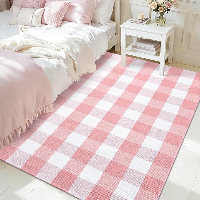 OLANLY Buffalo Plaid Rug 3' x 5' – Pink and White Cotton Checkered Doormat, Washable Indoor Outdoor Rug for Layered Front Porch, Kitchen, Entryway Decor