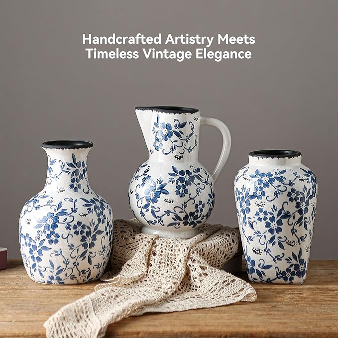 SURE YUESI Blue and White Flower Vase Vintage Chinoiserie Floral Ceramic Vase Handcrafted Round Flower Vase for Home Decor Centerpieces Living Room, Bookshelf, Office Rustic Table Centerpiece 9 in