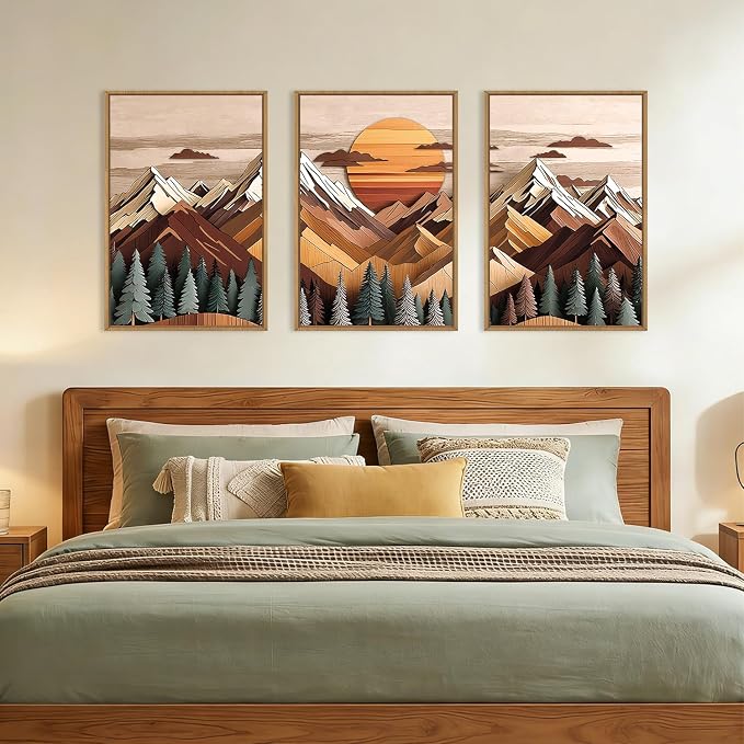 KAIRNE Woodcut Style Mountain Framed Canvas Wall Art Set,Wooden Pine Tree Wall Decor,Vintage Forest Landscape Art Prints,Nature Sunrise Artwork for Living Room,Bedroom,Farmhouse,Office-16 x24 x3