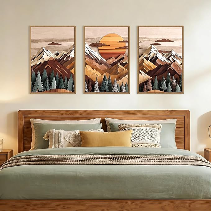 KAIRNE Woodcut Style Mountain Framed Canvas Wall Art Set,Wooden Pine Tree Wall Decor,Vintage Forest Landscape Art Prints,Nature Sunrise Artwork for Living Room,Bedroom,Farmhouse,Office-24 x36 x3