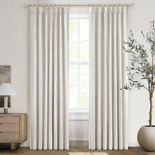 Buttercream Blackout Curtains 90 Inches Long, Thick Linen Patio Drapes for Insulated Sliding Glass Doors Cute Curtains for Nursery Bedroom Aesthetic Pinch Pleated with Hooks 2 Panels
