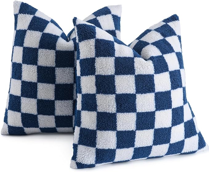 AmHoo Pack of 2 Decorative Throw Pillow Covers Checkerboard Luxury Super Soft Faux Fur Wool Set Case Cushion for Couch Sofa Bedroom 20 x 20-Inch Navy Blue