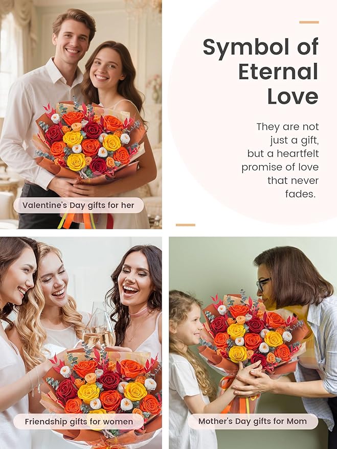 Polylove Flowers for Delivery Prime Forever Flowers Bouquet Preserved Roses Bouquet Flower Gift for Women Wife Mother Day Graduation Birthday (Orange, Big)