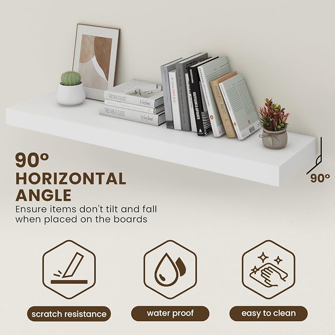 FLYJOE 48 Inch Floating Shelves | 12 Inch Deep White Floating Shelves Set of 2 | 48" W x 12" D White Wood Wall Shelves for Bathroom Living Room Kitchen Laundry Room