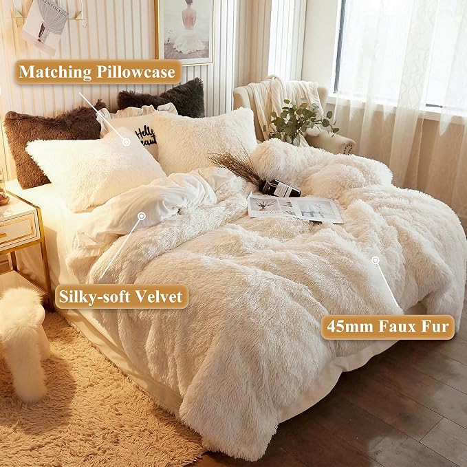 XeGe Plush Shaggy Duvet Cover Set, Luxury Ultra Soft Crystal Velvet Fluffy Bedding Sets 3 Pieces(1 Furry Faux Fur Comforter Cover + 2 Fuzzy Faux Fur Pillowcases), Zipper Closure(King, Light Beige)