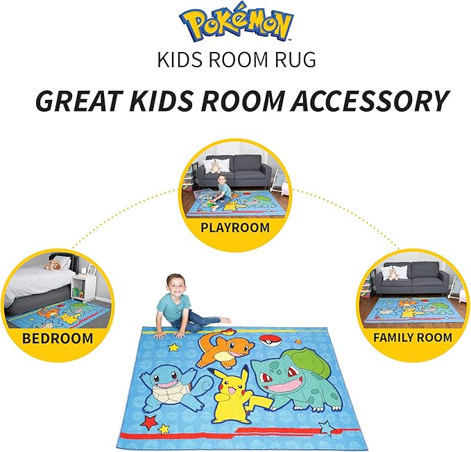 Pokémon Kids Room Blue Non Slip Area Rug, 69 in x 52 in, (Officially Licensed Product) by Franco