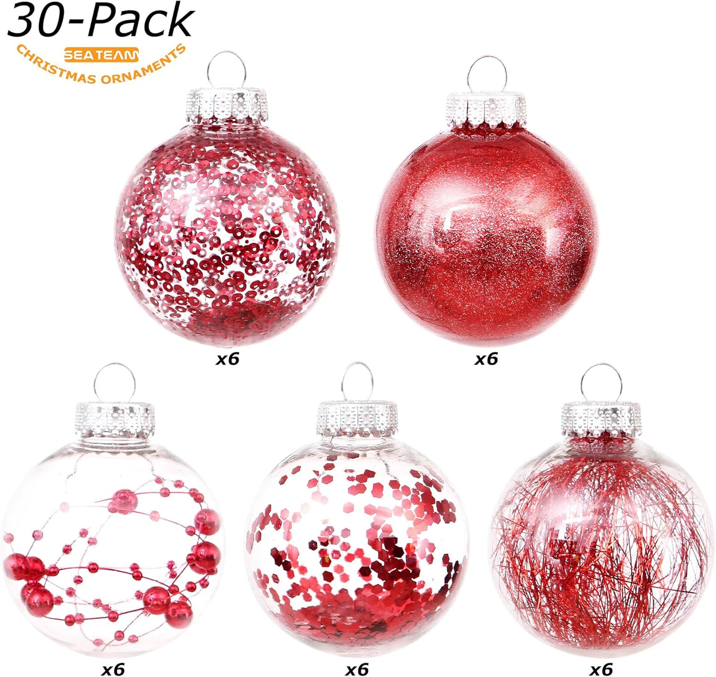 Sea Team Shatterproof Clear Plastic Christmas Ball Ornaments Decorative Xmas Balls Baubles Set with Stuffed Delicate Decorations (60mm/2.36 inch 30-Pack, Red)