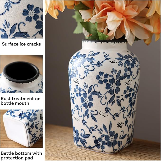 SURE YUESI Blue and White Chinoiserie Vase, Handmade Vintage Floral Ceramic Vase, Round Blue Vase for Flowers, Rustic Table Centerpiece, Blue Vases Home Decor for Living Room, Office, Kitchen 8.4 in