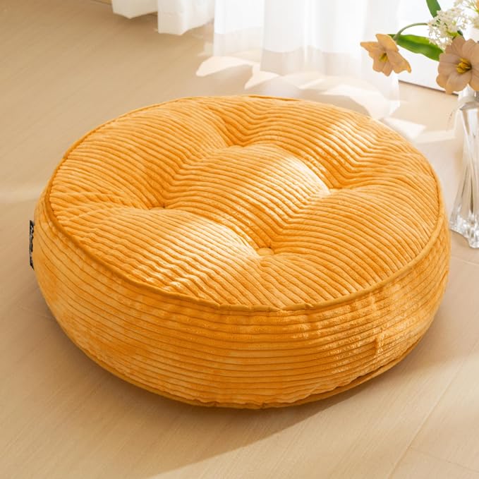 HIGOGOGO 6" Extra Thick Floor Pillow Cushion for Adults, Meditation Cushion Pillow, Large Round Floor Sitting, Tufted Corduroy Cover, for Tatami Living Room or Yoga, 22x22 Inch, Orange