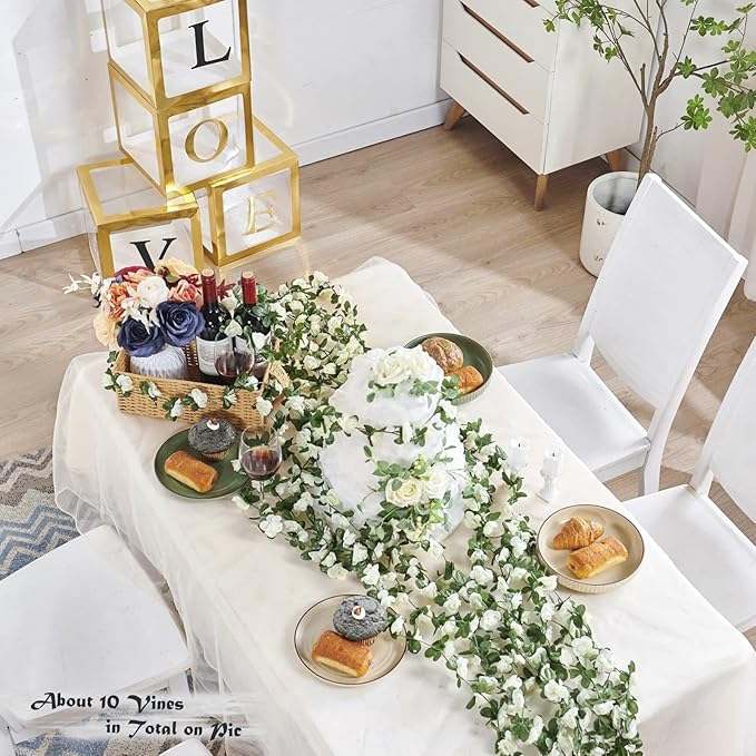 PONKING 8 Pcs x 8.2 ft Flower Garland Artificial Rose Vine Flowers with Green Leaves Hanging Fake Roses Vine for Room Party Home Wedding Birthday Christmas Wall Arch Decor, Spring White Flower
