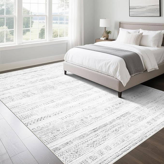 Srugn Moroccan Washable Rugs 8x10 Area Rugs for Living Room,Bedroom,Dining Room- Large Ultra Soft Faux Wool Retro Carpet,Non Slip&Non-Shedding Low Pile Vintage Print Rug for Home Office-(Gray-White)