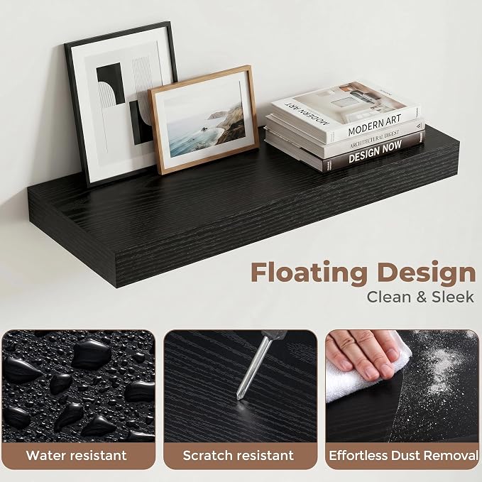20 Inch Floating Shelves for Wall, 8"D Wood Storage Shelves, Black Finish | Engineered Wood, Invisible Bracket, Large Storage, Easy Install, Hold Up to 33lbs, Living Room, Bathroom, Bedroom, Kitchen