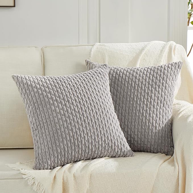 Fancy Homi Set of 2 Neutral Grey Decorative Throw Pillow Covers 16x16 Inch for Couch Bed Sofa Bedroom, Modern Farmhouse Boho Home Decor, Soft Fluffy Textured Corduroy Cute Gray Cushion Case 40x40 cm