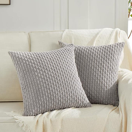 Fancy Homi Set of 2 Neutral Grey Decorative Throw Pillow Covers 18x18 Inch for Couch Bed Sofa Bedroom, Modern Farmhouse Boho Home Decor, Soft Fluffy Textured Corduroy Cute Gray Cushion Case 45x45 cm