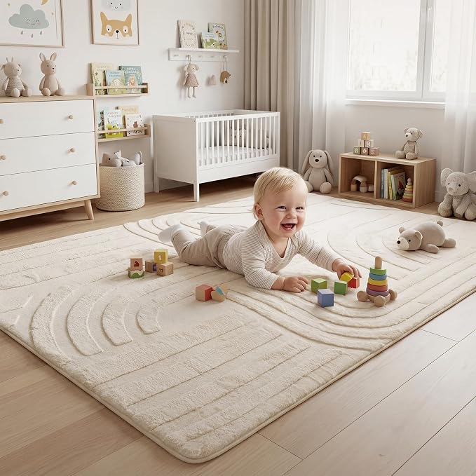 Huloo Sleep Ultra Soft Fluffy Baby Play Mat for Floor,1.3" Thick Cushion Padded Kids Rug with 3D Carved Faux Rabbit Fur,Non-Slip Large Carpet Nursery Rug Area Rug for Playroom Living Room(Cream)