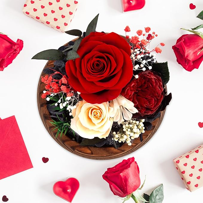 MOKOQI Birthday Gifts for Women Preserved Red Real Rose Flowers in Glass Dome, Forever Rose Valentines Day Gift for Her Mom on Christmas Birthday Flowers for Delivery Prime