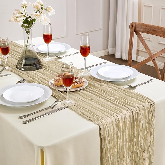 6 Pack Beige Mother’s Day Cheesecloth Table Runner 10FT Long Easter Spring Boho Gauze Table Runner Rustic Sheer Runner for Wedding Bridal Baby Shower Birthday Party Table Decor Home Easter Decor