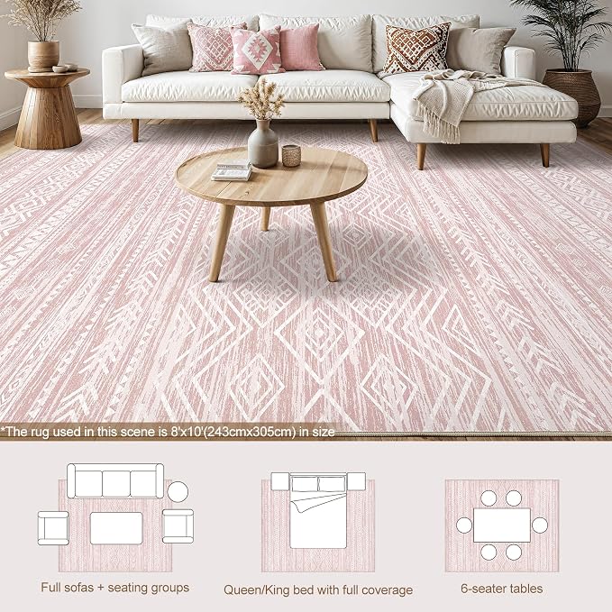 Tortania Area Rug Living Room Rugs- 8x10 Washable Large Soft Neutral Boho Moroccan Bohemian Farmhouse Rug Indoor Floor Carpet for Bedroom Under Dining Table Home Office Decor - Pink