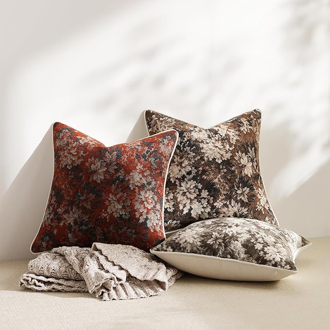 DEZENE Pack of 2 Vintage Floral Throw Pillow Covers 22x22 Boho Farmhouse Accents Chenille Square Decorative Pillow Cases for Living Room Couch Bed Home Decor, Rust