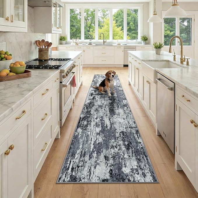 RELEANY Washable Area Rugs 2x9 Non-Slip Modern Abstract Soft for Living Room Entryway Bedroom Nursery, Print Pattern, Black Navy Blue Gray
