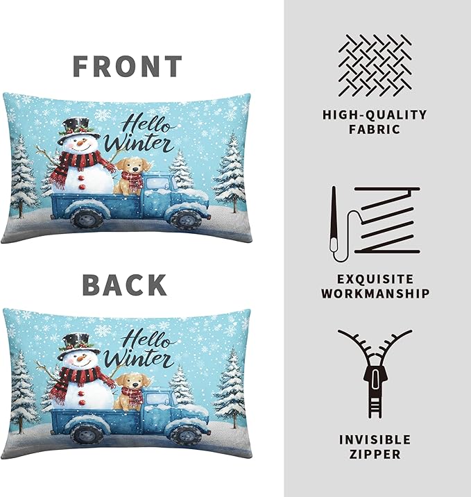 Set of 2 Blue Truck with Snowman Puppy Dog Rectangle Pillowcase Hello Winter Lumbar Pillow Covers 12x20 Snowflakes Snowman Waist Cushion Case for Living Room Bedroom Couch Sofa