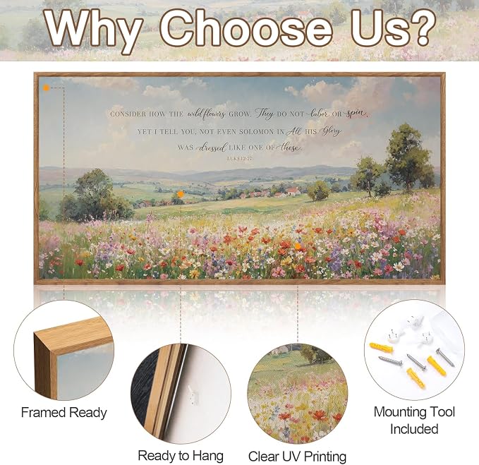 CHDITB Consider How the Wildflowers Grow Luke 12:27 Wall Art Framed, Farmhouse Countryside Landscape Bible Verses Scripture Canvas Artwork, Large Vintage Religious Biblical Wilderness Pastoral Scenery florals Field Meadow Painting Decor for Living Room...