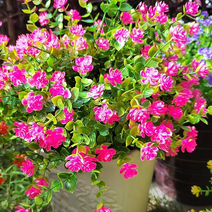 Grunyia 12 Bundles Artificial Flowers for Outdoors, UV Resistant Fake Flowers with Plastic Plants, Faux Flowers for Outside Window Box Front Porch Hanging Planter Decor (Pink)