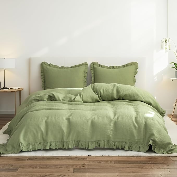 Simple&Opulence 100% Linen Duvet Cover Set, 3 PCS Natural French Flax Sage Green Ruffle Duvet Cover Queen Size, Breathable Comfy Linen Bedding Comforter Cover with 2 Pillowcases(Sage Green, 88" X 92")