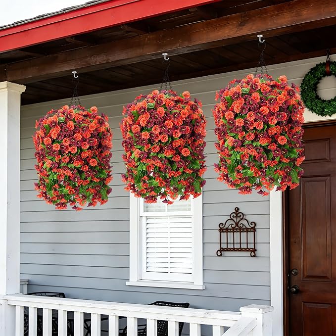 INXUGAO Artificial Flowers with Hanging Basket, Outdoor Faux Plants Silk Morning Glory Vines, Fake Green Arrangement for Garden Patio Spring Summer Decor(4pcs,Orange Brown)