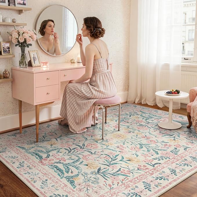 Wonnitar Pink Rugs for Nursery, 5x7 Washable Rug for Bedroom Girls, Boho Soft Floral Carpet Non Slip, Indoor Ultra-Thin Floor Carpet for Baby Kids Room Living Room Dorm Decor