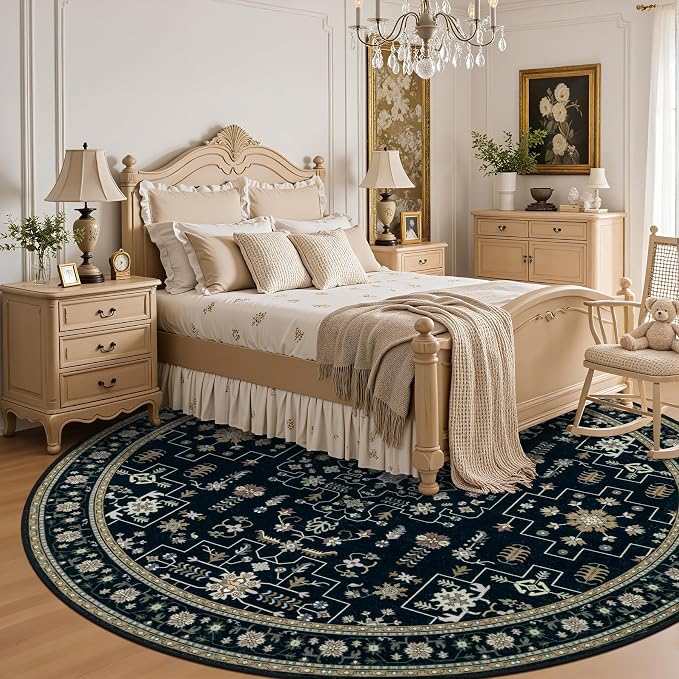 Round Area Rug for Living Room: 8 ft Washable Vintage Boho Soft Thin Circle Rug Indoor Floor No Slip Stain Resistant Carpet for Bedroom Dining Room Farmhouse Nursery Home Office -Black