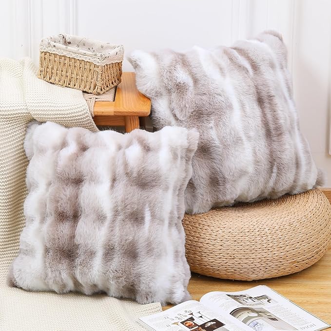 MADIZZ Pack of 2 Thick Plush Faux Wool Throw Pillow Covers Soft Boho Throw Pillows Luxurious Cushion Covers for Couch Sofa Bedroom Living Room Home Decor 16x16 Inch White Taupe