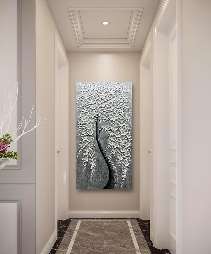 Yika Art Paintings - 24X48 Inch 3D White Flower Tree Wall Art Abstract Textured Knife Platte Acrylic Painting on Canvas 3D Flowers Tree Paintings Ready to hang